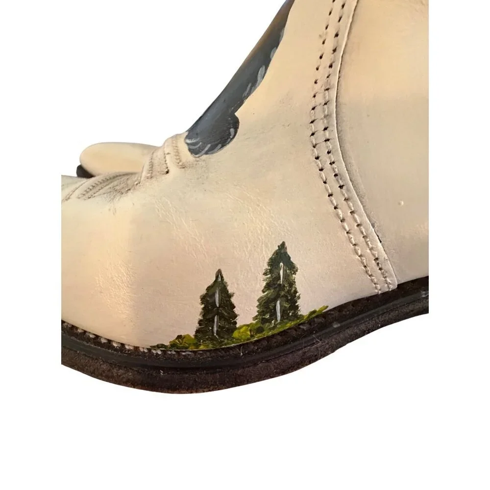 Sears Vintage Mens Hand Painted Coyote Boots Size 8 D Cream Leather Western OOAK
